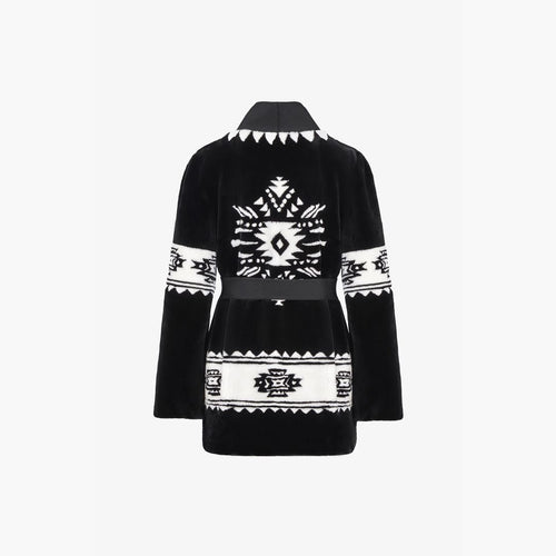 Cardigan in rex con stampa tribale e cintura nero 75 cm