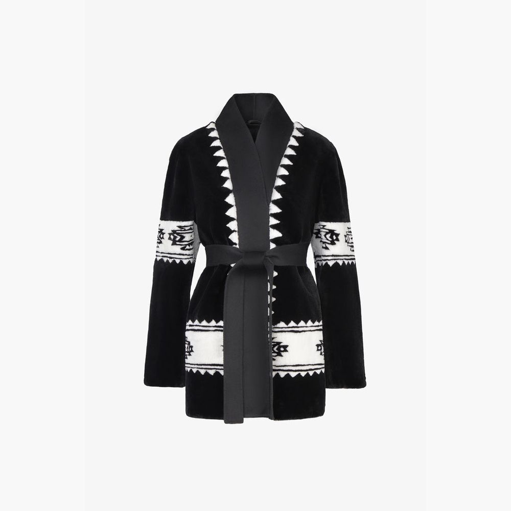 Cardigan in rex con stampa tribale e cintura nero 75 cm
