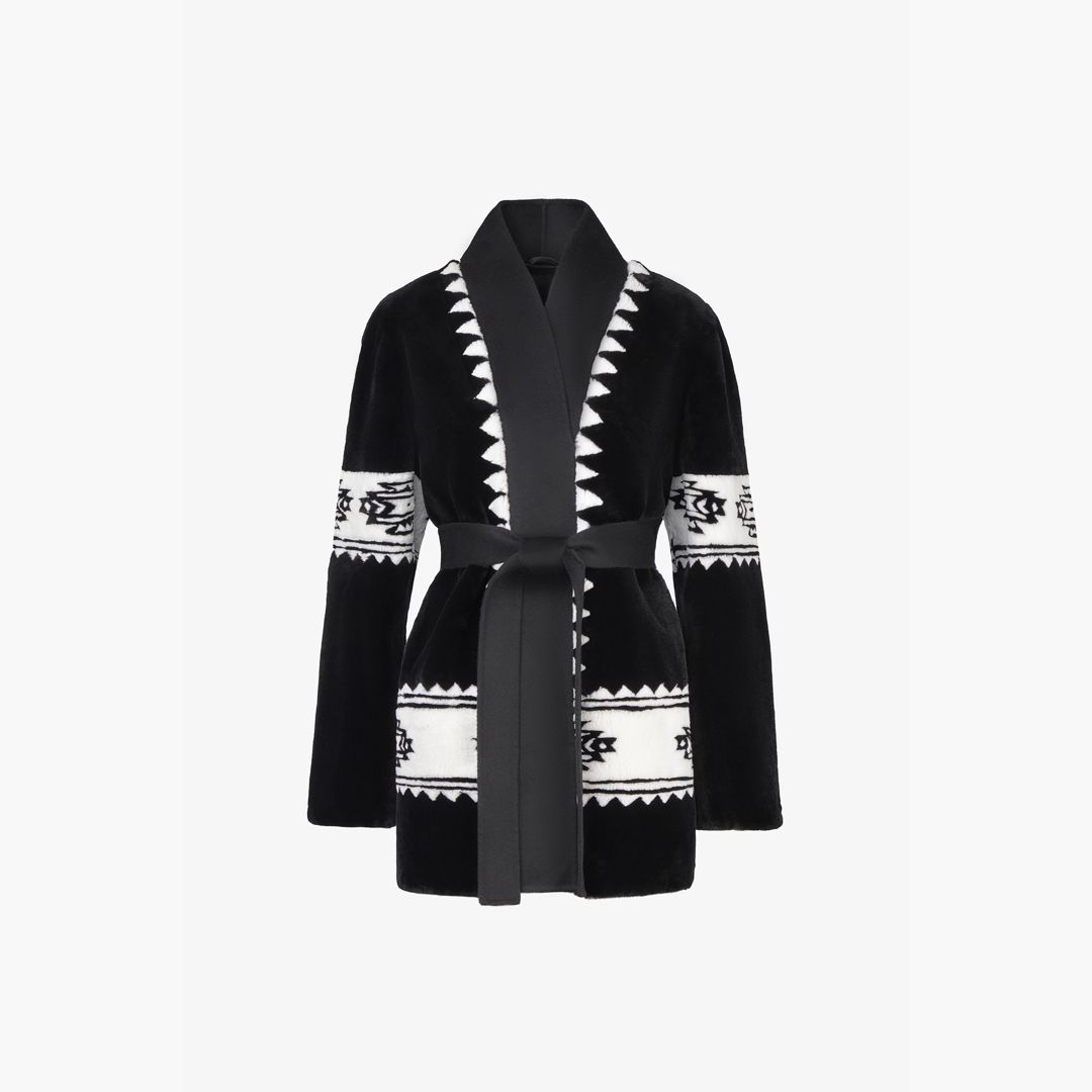 Cardigan in rex con stampa tribale e cintura nero 75 cm