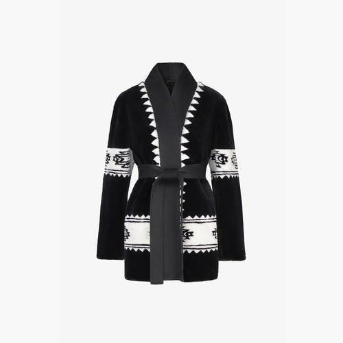 Cardigan in rex con stampa tribale e cintura nero 75 cm