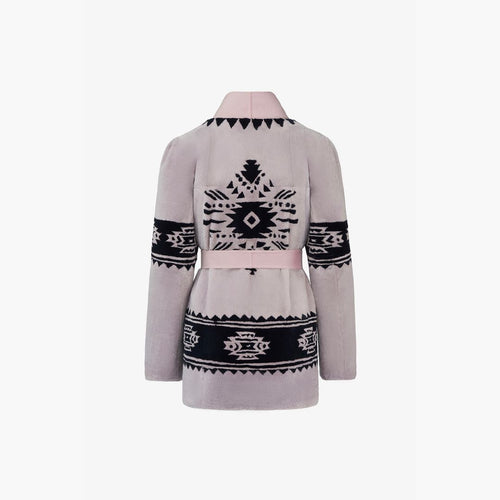 Cardigan in rex con stampa tribale e cintura in vita rosa 75 cm