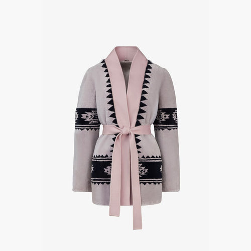 Cardigan in rex con stampa tribale e cintura in vita rosa 75 cm