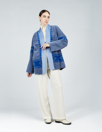 Cardigan in rex con stampa tribale e cintura azzurro 75cm