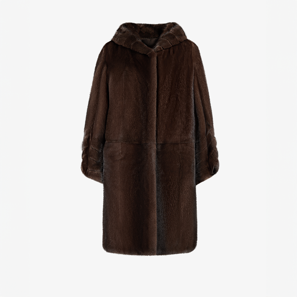 Cappotto di visone a pelle intera con cappuccio, mogano, 95 cm