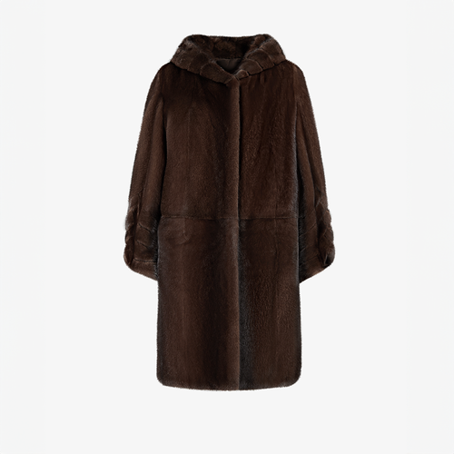 Cappotto di visone a pelle intera con cappuccio, mogano, 95 cm