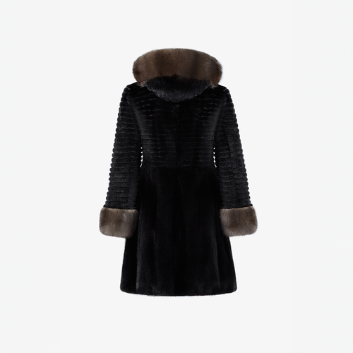 Cappotto di visone con cappuccio e dettagli in zibellino nero 90 cm