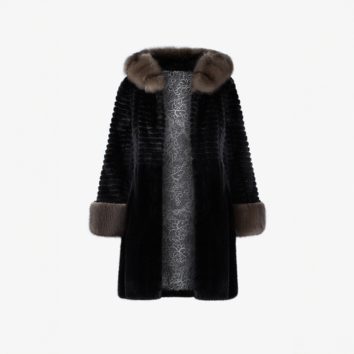 Cappotto di visone con cappuccio e dettagli in zibellino nero 90 cm