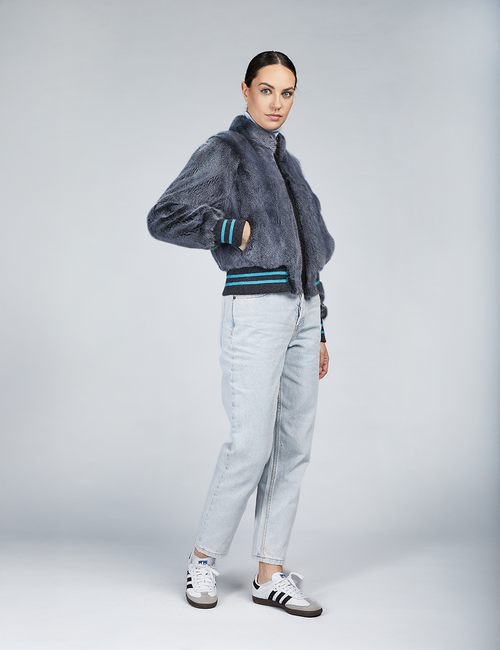 Vison bomber jacket with dark grey zip closure 55cm