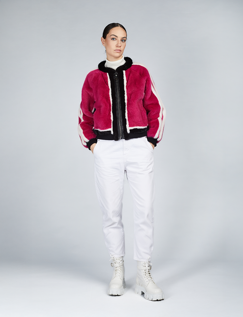 Bomber in visone filettatto con chiusura a zip fucsia 50 cm