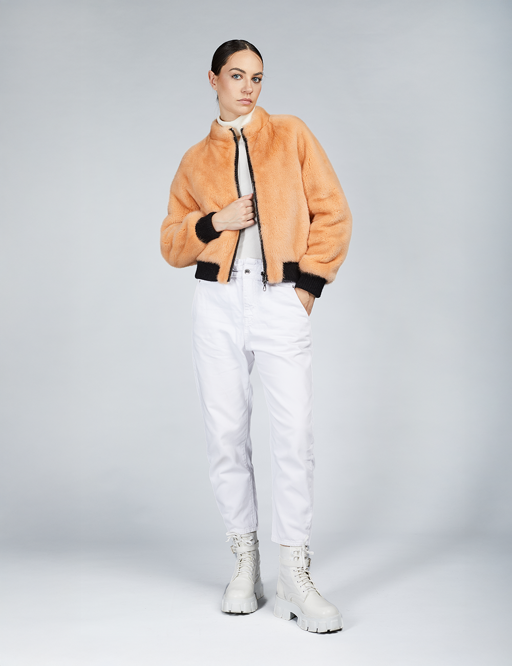 Bomber in visone  con chiusura a zip pesca 55cm