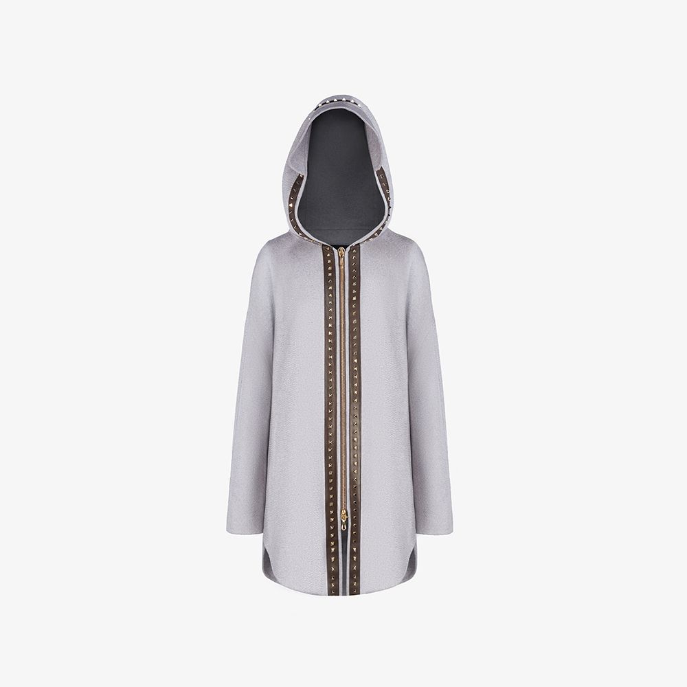 Mantella in cashmere con cappuccio, zip e applicazione sul retro rosa 90cm