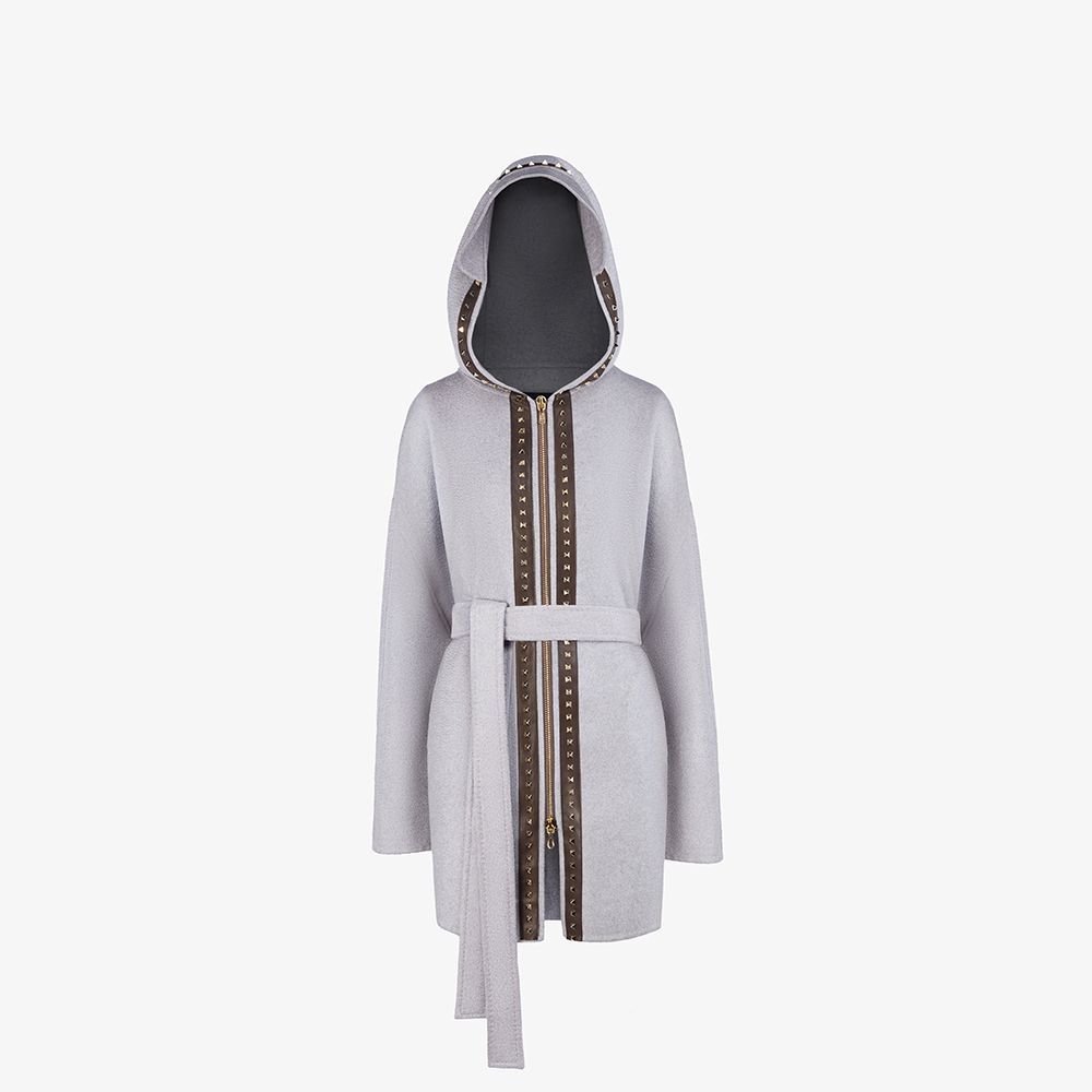 Mantella in cashmere con cappuccio, zip e applicazione sul retro rosa 90cm