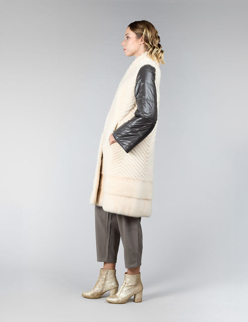 Manteau réversible en vison et tissu imperméable, crystal, 95 cm