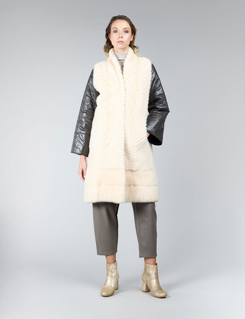Cappotto reversibile in visone e tessuto impermeabile, crystal, 95 cm