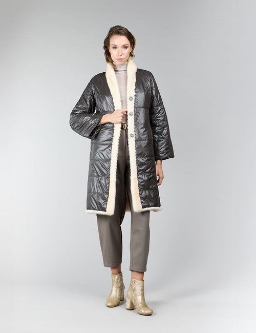 Manteau réversible en vison et tissu imperméable, crystal, 95 cm