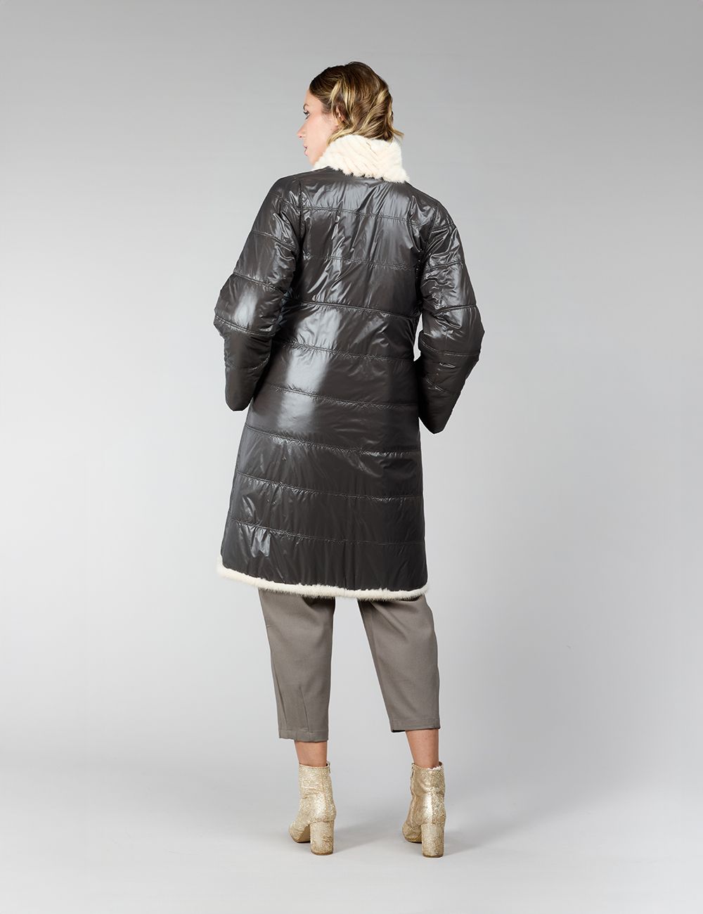 Manteau réversible en vison et tissu imperméable, crystal, 95 cm