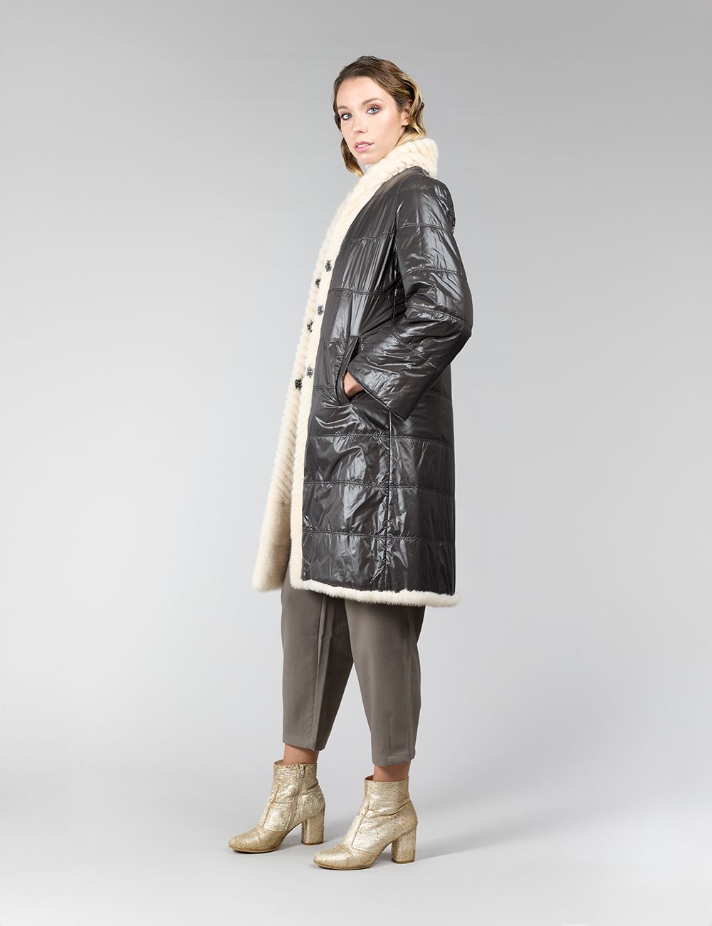 Manteau réversible en vison et tissu imperméable, crystal, 95 cm
