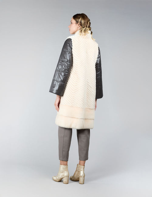 Manteau réversible en vison et tissu imperméable, crystal, 95 cm
