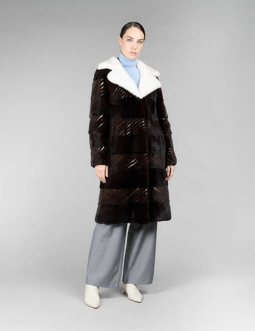 Cappotto di visone reversibile con cintura, mogano, 100 cm