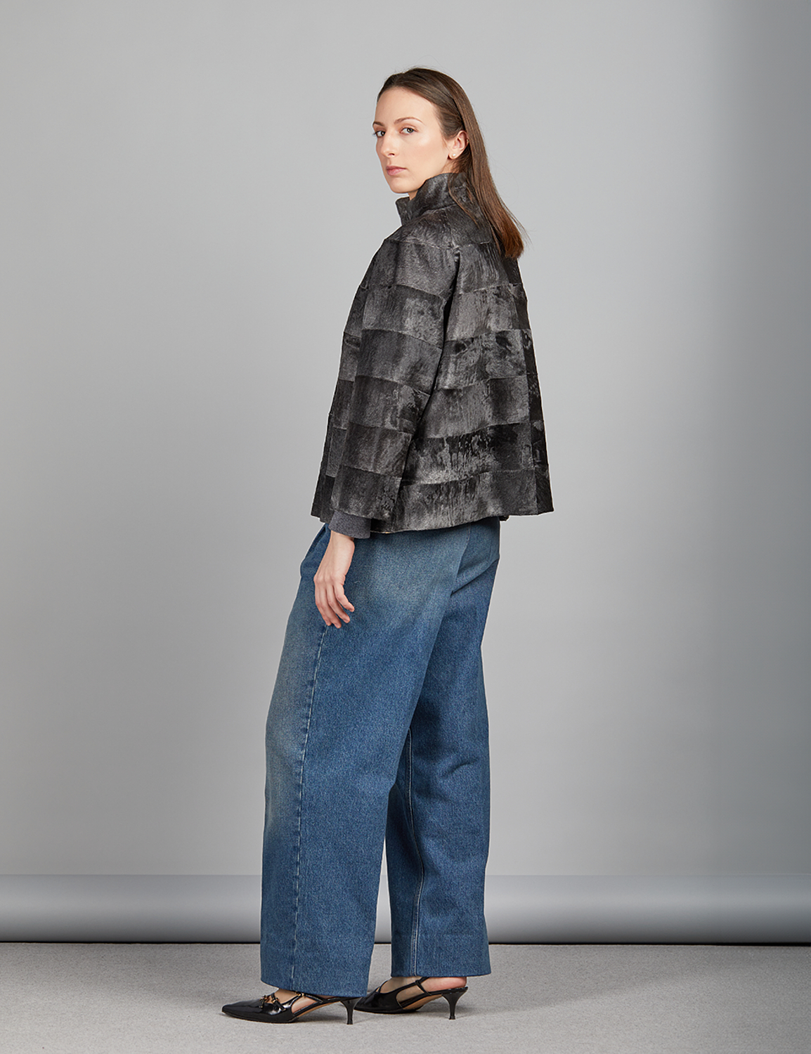 Giacca corta in persiano broadtail, grigio, 60 cm