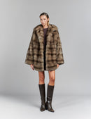 Cappotto in zibellino, con cappuccio, reversibile, tortora, 85 cm