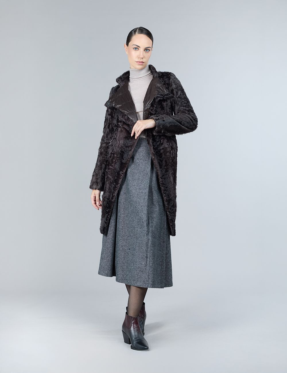 Reversible lamb skin coat