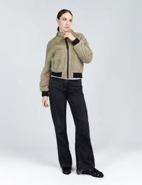 Mink bomber jacket with zip closure, olive green, 55 cm