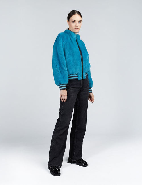 Bomber in visone con chiusura a zip turchese 55cm