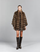 Cappotto in zibellino, senza collo, svasato, tortora, 85 cm