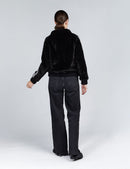 Bomber in visone con chiusura a zip e dettagli in lana nero 55cm
