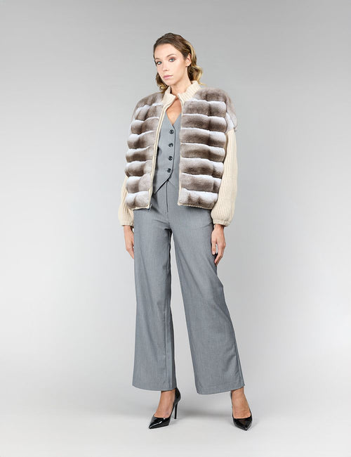 Reversible short jacket in chinchilla and cashmere, beige, 55 cm