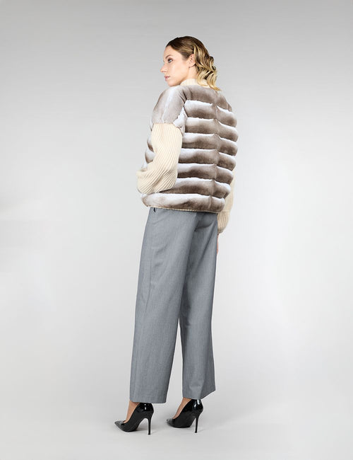Reversible short jacket in chinchilla and cashmere, beige, 55 cm