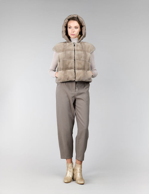 Gilet reversibile in visone, con cappuccio, silver blue, 50 cm