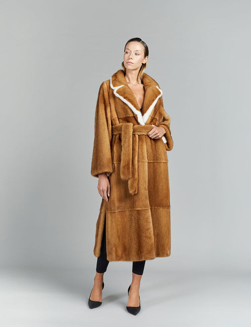 Cappotto lungo in visone, con cintura, décolorato, 125 cm