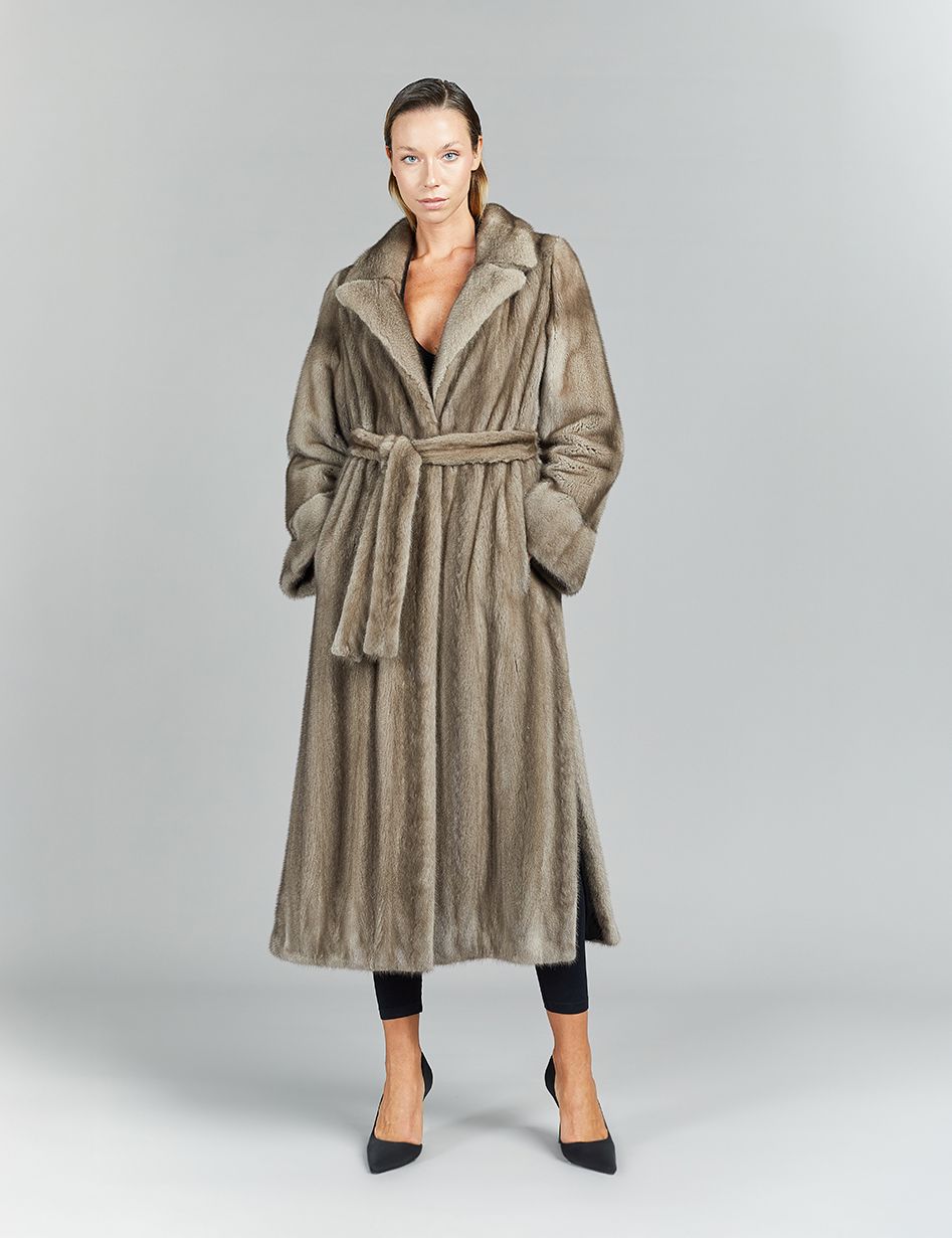 Cappotto lungo in visone, con cintura, silver blue, 125 cm
