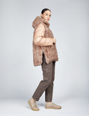 Giacca in capra cashmere reversibile con piumino e cappuccio rosa 75cm
