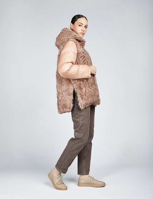 Giacca in capra cashmere reversibile con piumino e cappuccio rosa 75cm