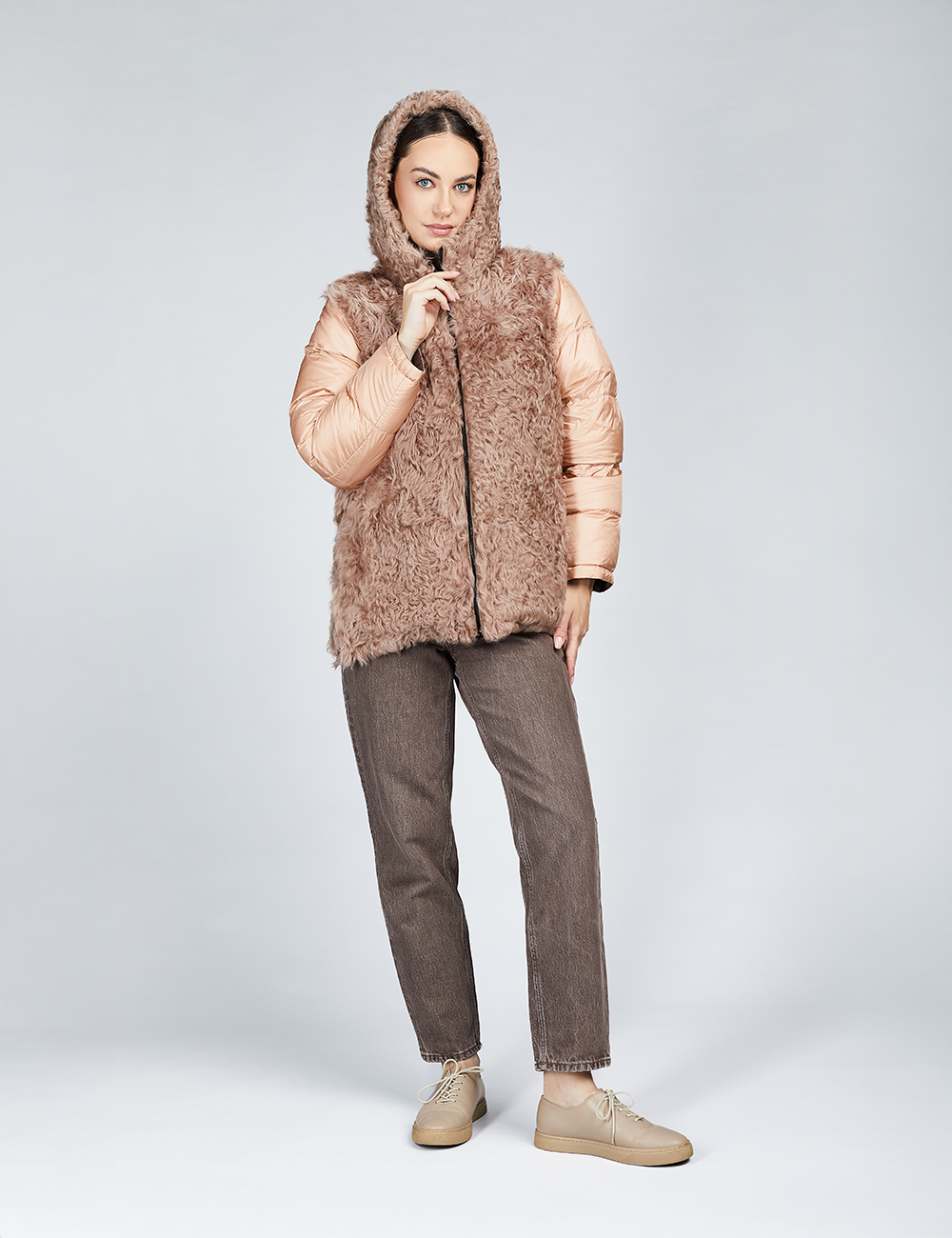 Giacca in capra cashmere reversibile con piumino e cappuccio rosa 75cm