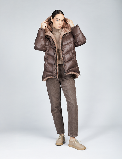 Giacca in capra cashmere reversibile con piumino e cappuccio rosa 75cm