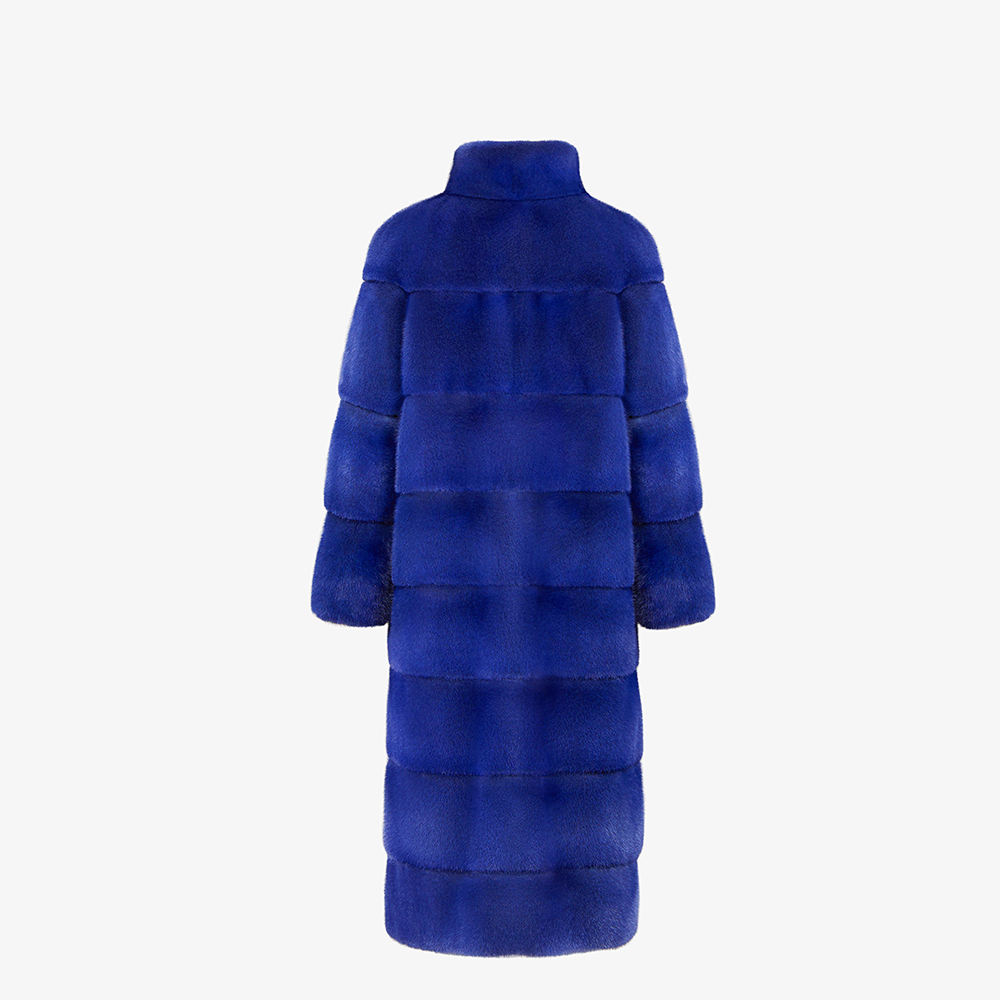 Manteau long en vison avec col haut bleu électrique de 115cm