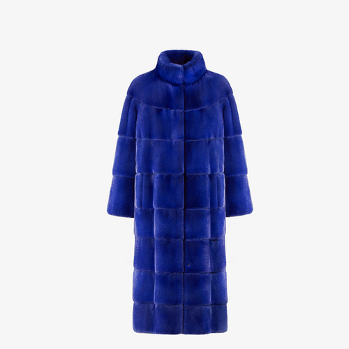 Cappotto lungo in visone con collo alto blu elettrico 115cm