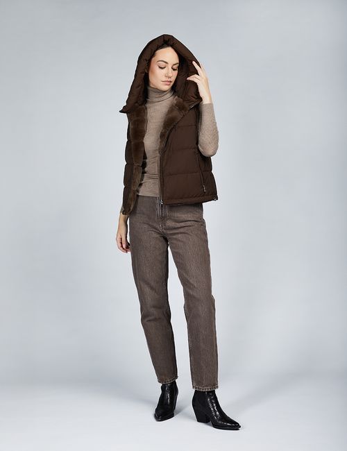 Gilet in rex reversibile con cappuccio marrone 60cm
