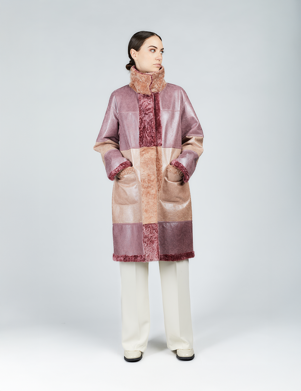 Manteau en peau de mouton rose de 100 cm