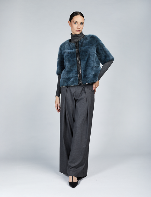 Mink jacket with studs and short blue sleeves, 50 cm.