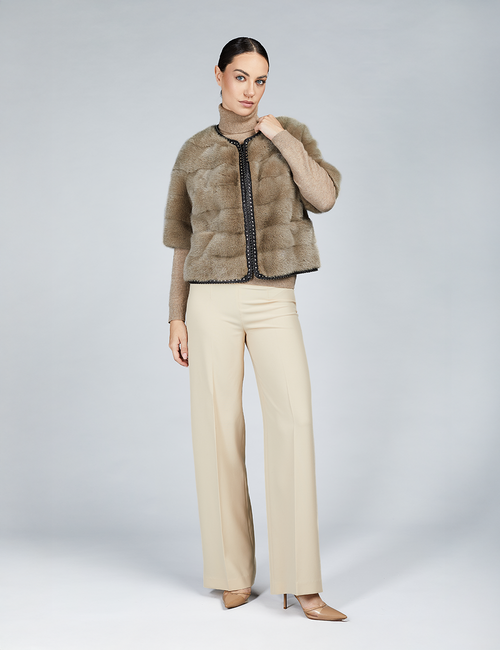 Mink jacket with studs and short sleeves, green color, 50 cm.