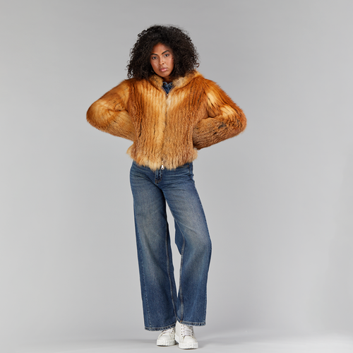 Bomber in volpe rossa con cappuccio e zip 60 cm
