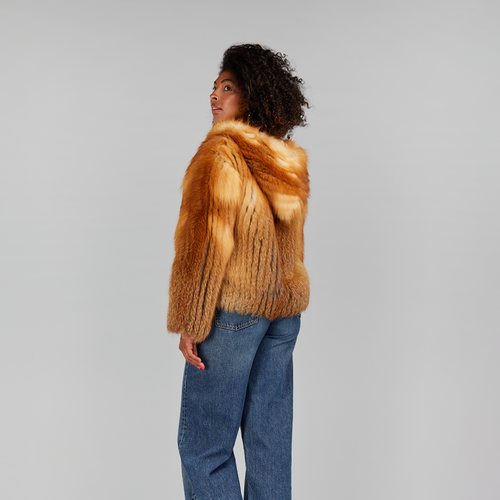 Bomber in volpe rossa con cappuccio e zip 60 cm