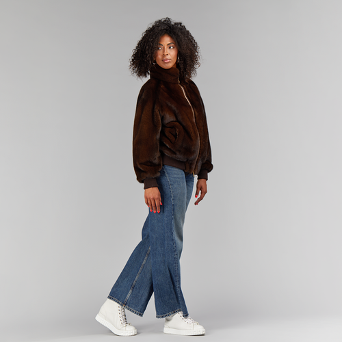 Bomber en vison avec poignets et élastique en laine marron acajou de 65 cm.