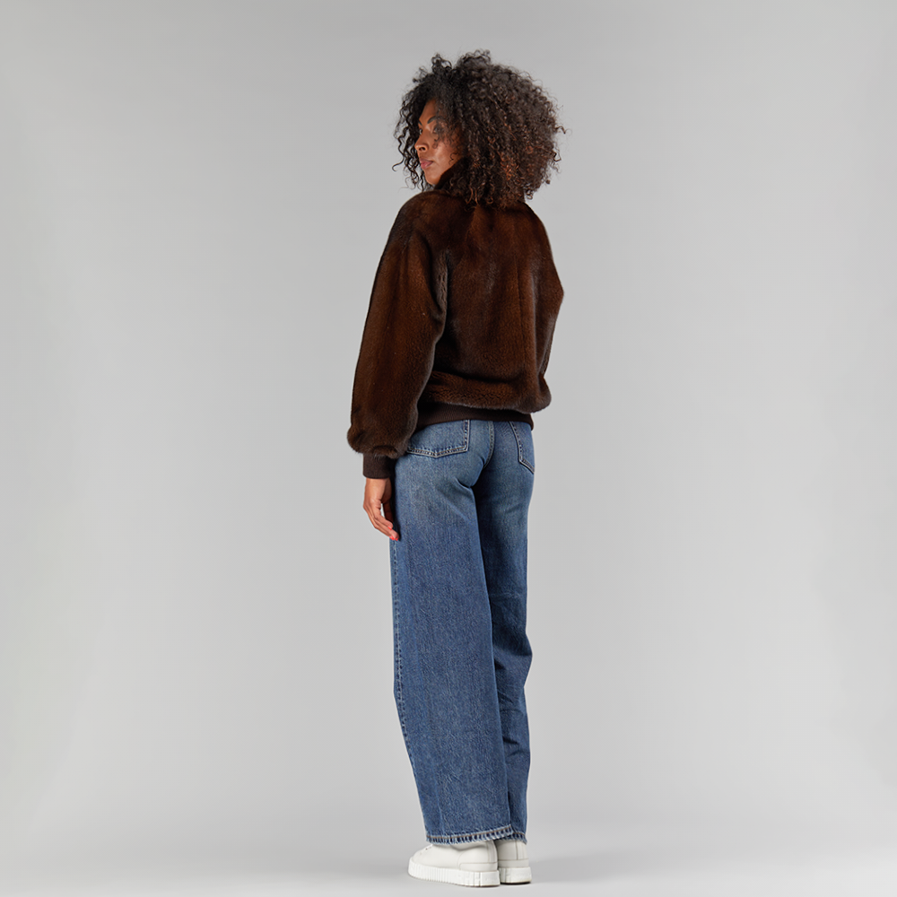 Bomber en vison avec poignets et élastique en laine marron acajou de 65 cm.