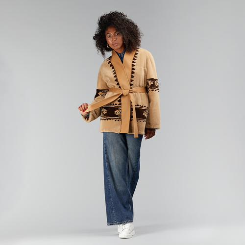 Cardigan in rex con stampa tribale e cintura in vita beige 75 cm